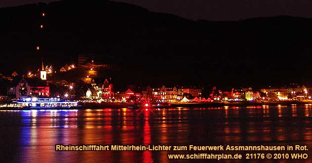 Rheinschifffahrt Mittelrhein-Lichter zum Feuerwerk Assmannshausen in  Rot, dem schnsten Rotweinfest im Rheingau