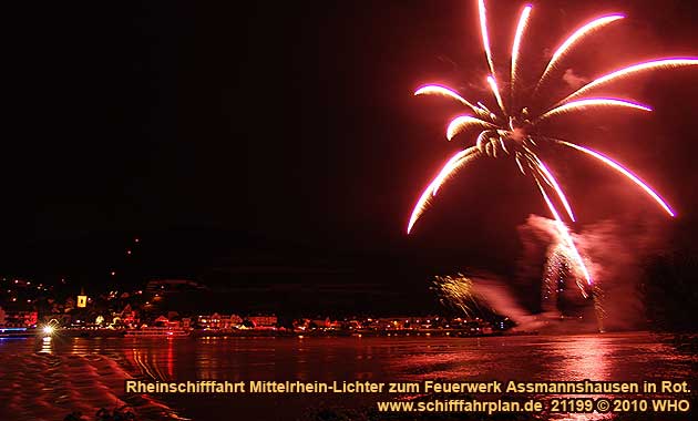 Rheinschifffahrt Mittelrhein-Lichter zum Feuerwerk Assmannshausen in Rot, dem schnsten Rotweinfest im Rheingau
